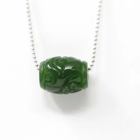 RealJade® "Good Luck Carving" Nephrite Green Jade Lucky Bead Pendant Necklace With Flower Pattern