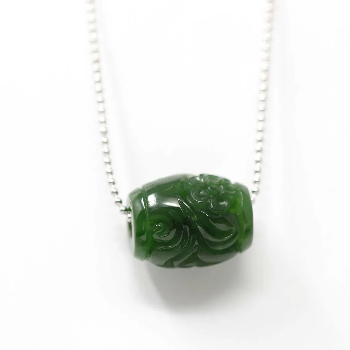 RealJade® "Good Luck Carving" Nephrite Green Jade Lucky Bead Pendant Necklace With Flower Pattern