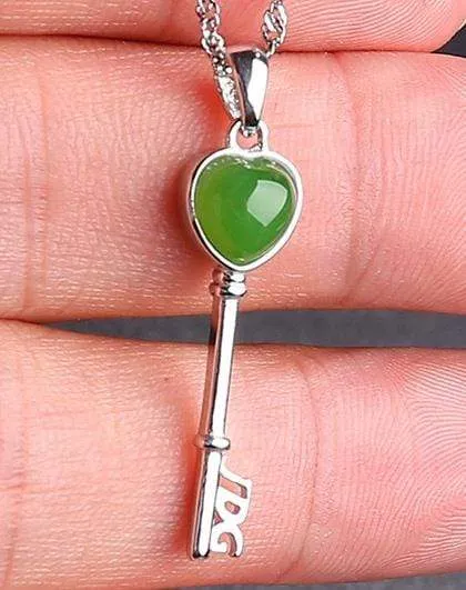 RealJade® "The Key to My Heart" Sterling Silver Genuine Nephrite Green Jade Key Pendant Necklace