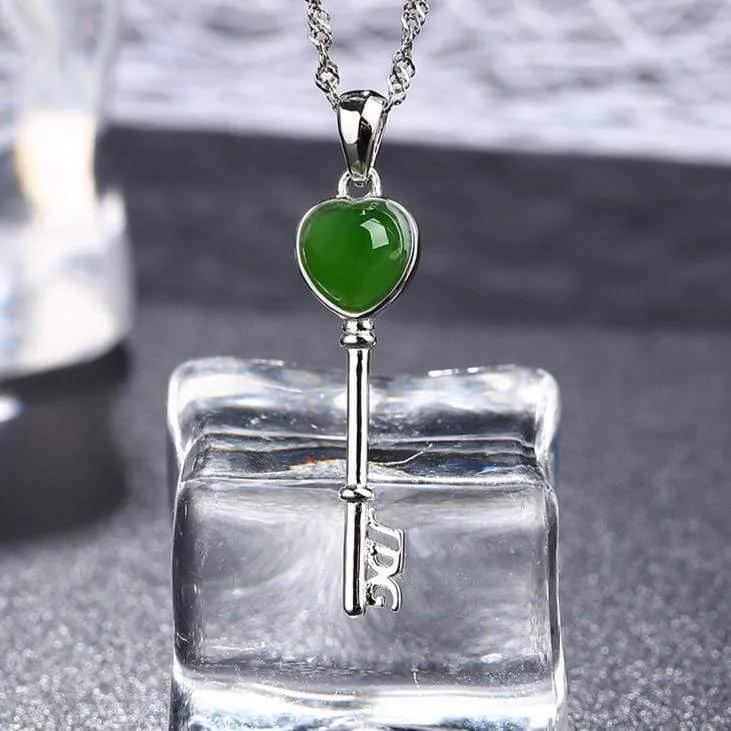 RealJade® "The Key to My Heart" Sterling Silver Genuine Nephrite Green Jade Key Pendant Necklace