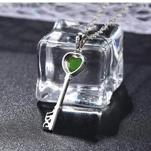 RealJade® "The Key to My Heart" Sterling Silver Genuine Nephrite Green Jade Key Pendant Necklace