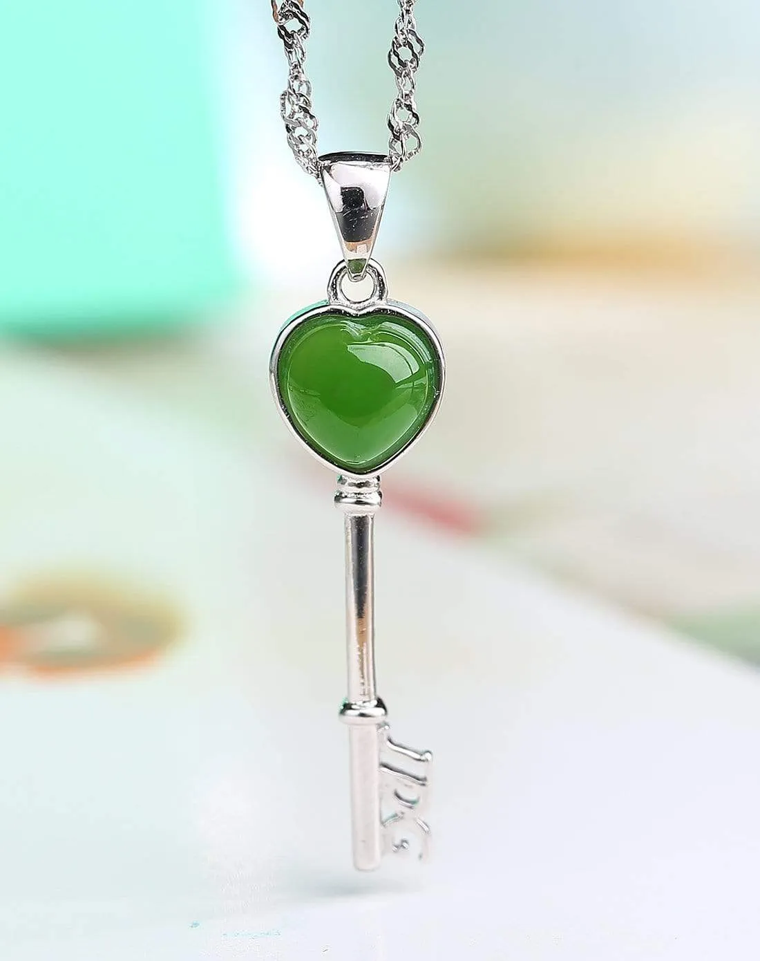 RealJade® "The Key to My Heart" Sterling Silver Genuine Nephrite Green Jade Key Pendant Necklace