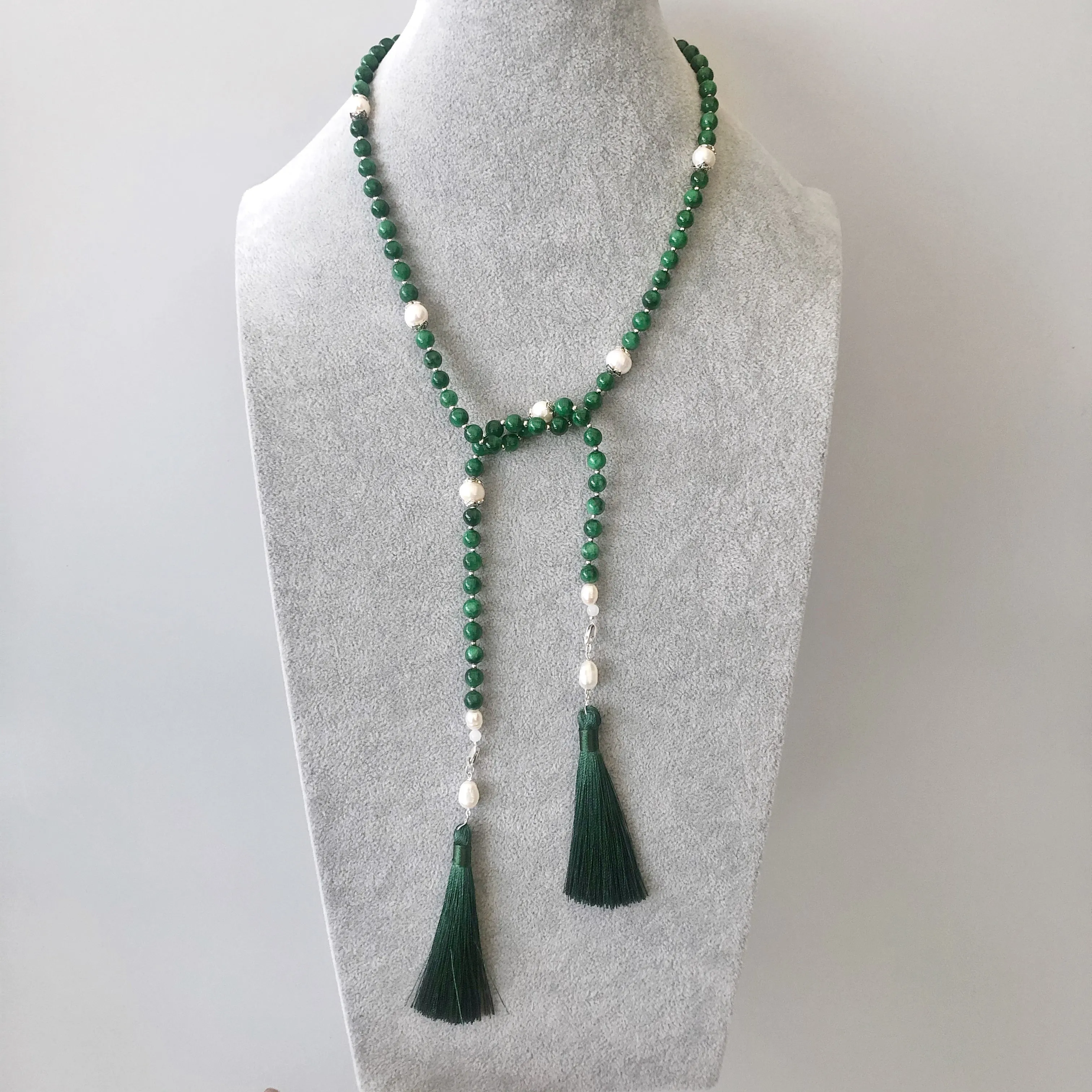 Return to Origin Beaded Jadeite Lariat Green Tassel Necklace Set