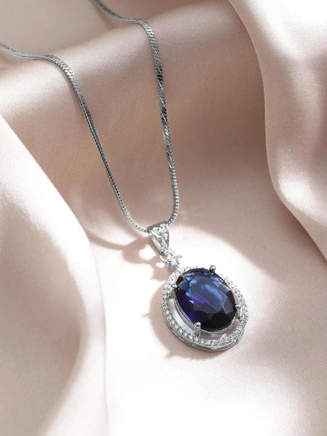 Rhodium-Plated Blue Sapphire & CZ Studded Oval Pendant Necklace Set