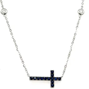 Royal Blue Sapphire and Diamond Sideways Cross Pendant Necklace