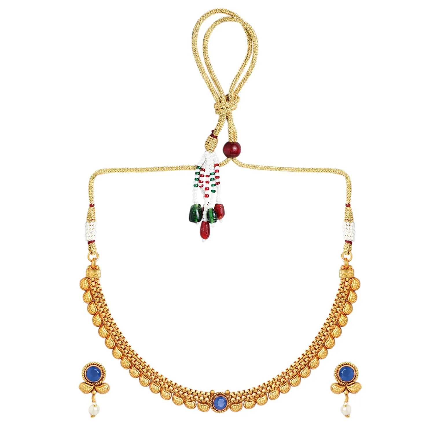 Rubans 22K Gold-Plated Blue Sapphire & Pearl Beaded Traditional Necklace Set