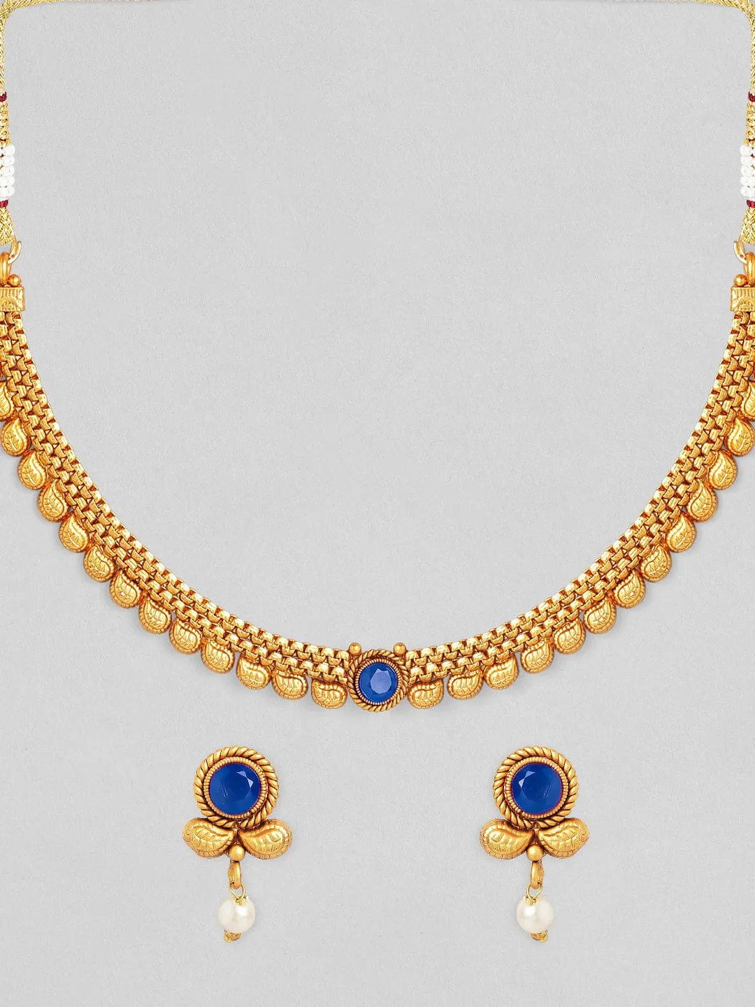 Rubans 22K Gold-Plated Blue Sapphire & Pearl Beaded Traditional Necklace Set