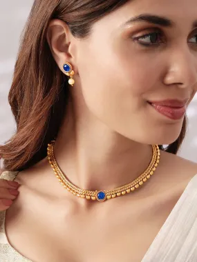 Rubans 22K Gold-Plated Blue Sapphire & Pearl Beaded Traditional Necklace Set