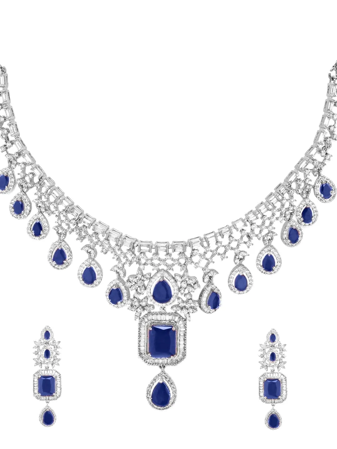 Rubans Rhodium-Plated Blue Sapphire & White Cubic Zirconia Handcrafted Premium Jewellery Set