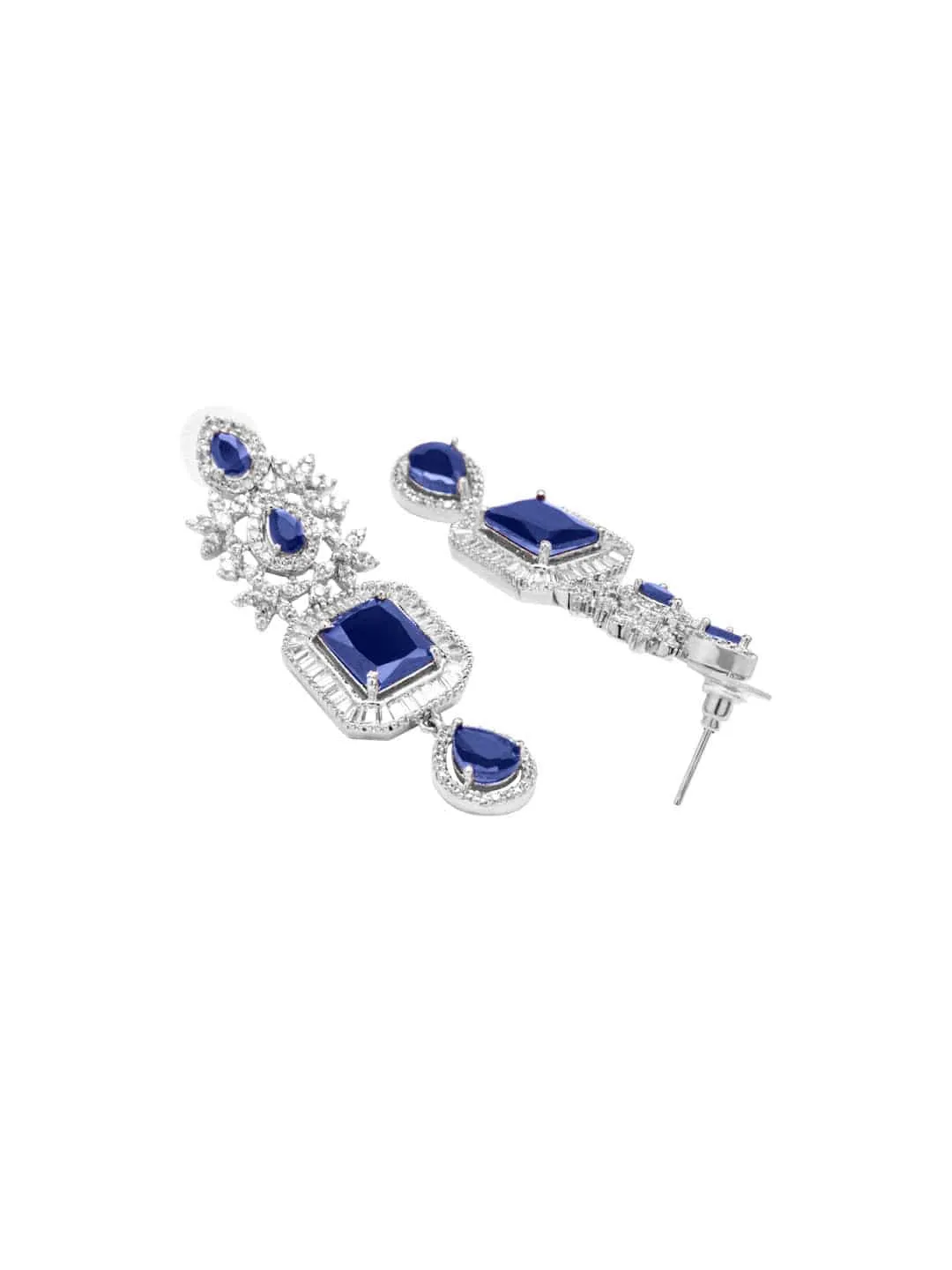 Rubans Rhodium-Plated Blue Sapphire & White Cubic Zirconia Handcrafted Premium Jewellery Set