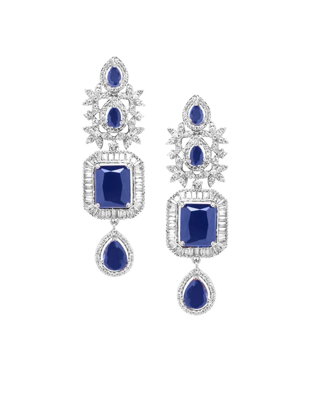 Rubans Rhodium-Plated Blue Sapphire & White Cubic Zirconia Handcrafted Premium Jewellery Set