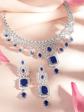 Rubans Rhodium-Plated Blue Sapphire & White Cubic Zirconia Handcrafted Premium Jewellery Set