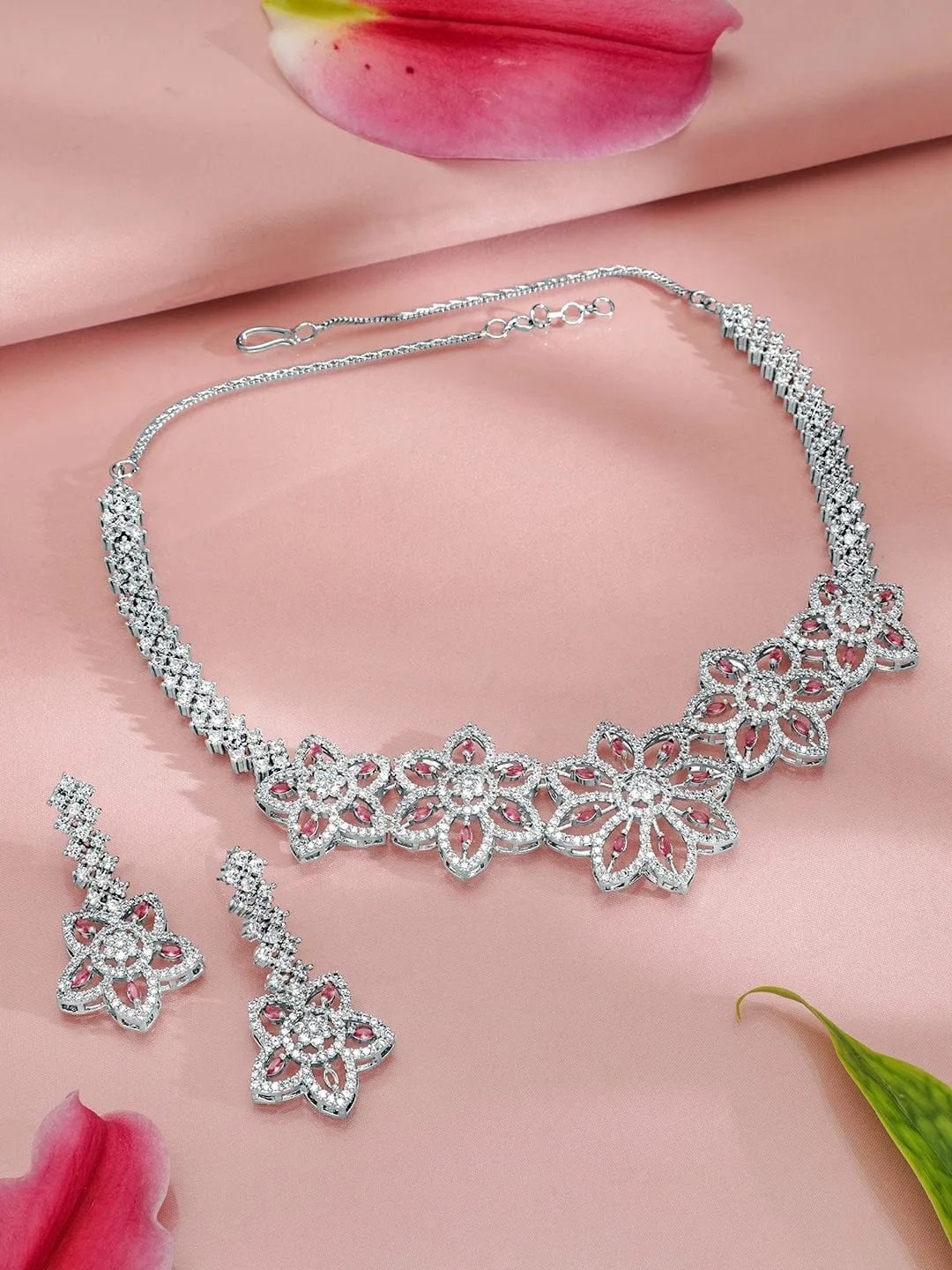 Rubans Rhodium-Plated Floral Shape Sapphire & CZ Studded Necklace & Earrings