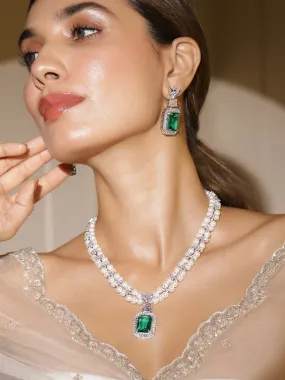 Rubans Rhodium Plated Pearl Necklace Set with Emerald & Cubic Zirconia Pendant & Earrings