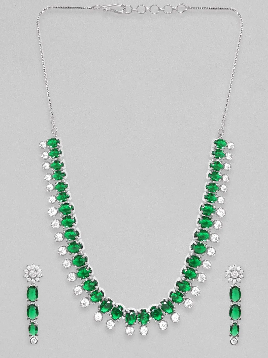 Rubans Rhodium Plated Premium White & Emerald Zircons Necklace Set