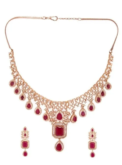 Rubans Rose Gold Plated CZ Studded Emerald Statement Necklace Set