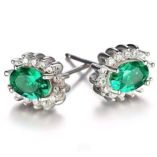 Russian Halo Oval Cut 1CTW Nano Simulated Emerald IOBI Precious Gems Earrings