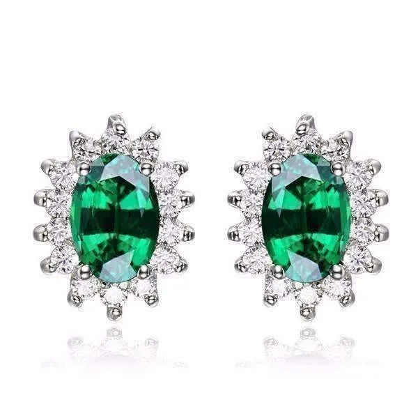 Russian Halo Oval Cut 1CTW Nano Simulated Emerald IOBI Precious Gems Earrings