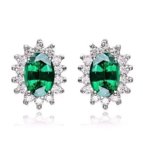 Russian Halo Oval Cut 1CTW Nano Simulated Emerald IOBI Precious Gems Earrings