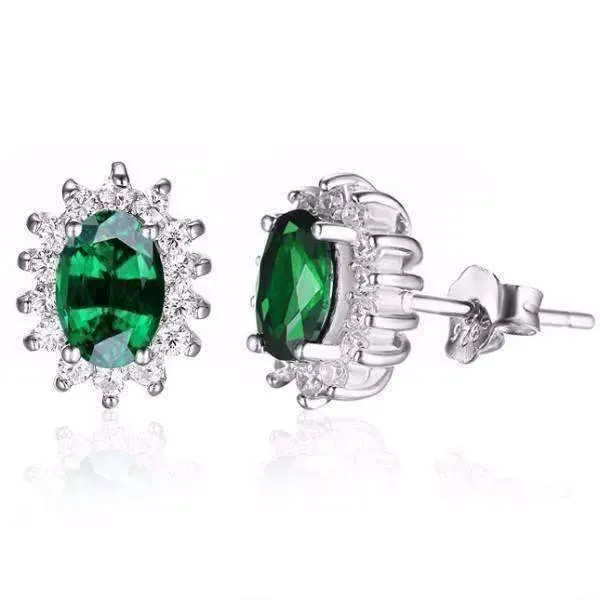 Russian Halo Oval Cut 1CTW Nano Simulated Emerald IOBI Precious Gems Earrings