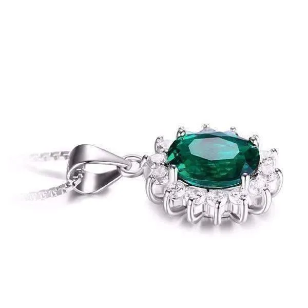 Russian Halo Oval Cut 2.5CT Nano Simulated Emerald IOBI Precious Gems Pendant Necklace