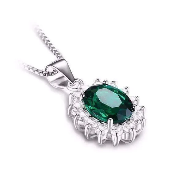 Russian Halo Oval Cut 2.5CT Nano Simulated Emerald IOBI Precious Gems Pendant Necklace