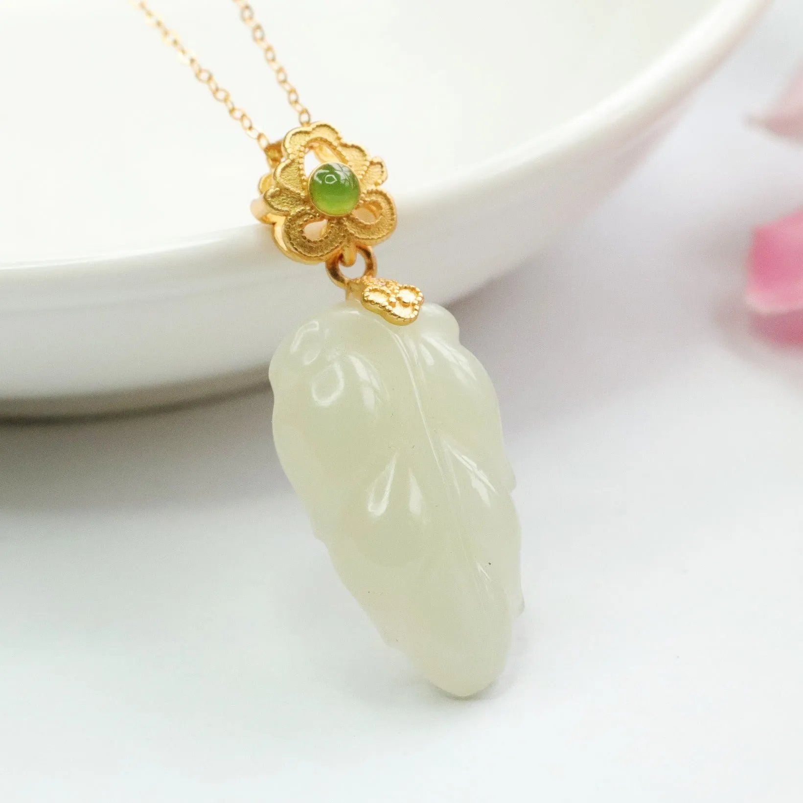 S925 Silver Natural Hetian Jade Pendant White Jade Leaf Necklace