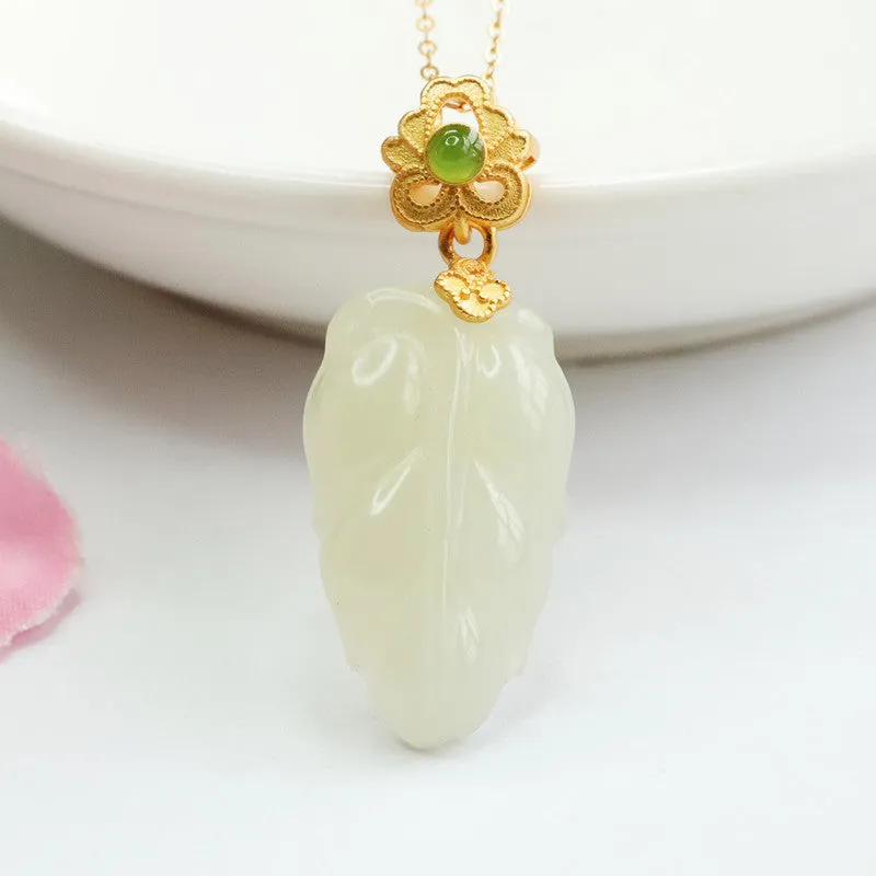 S925 Silver Natural Hetian Jade Pendant White Jade Leaf Necklace