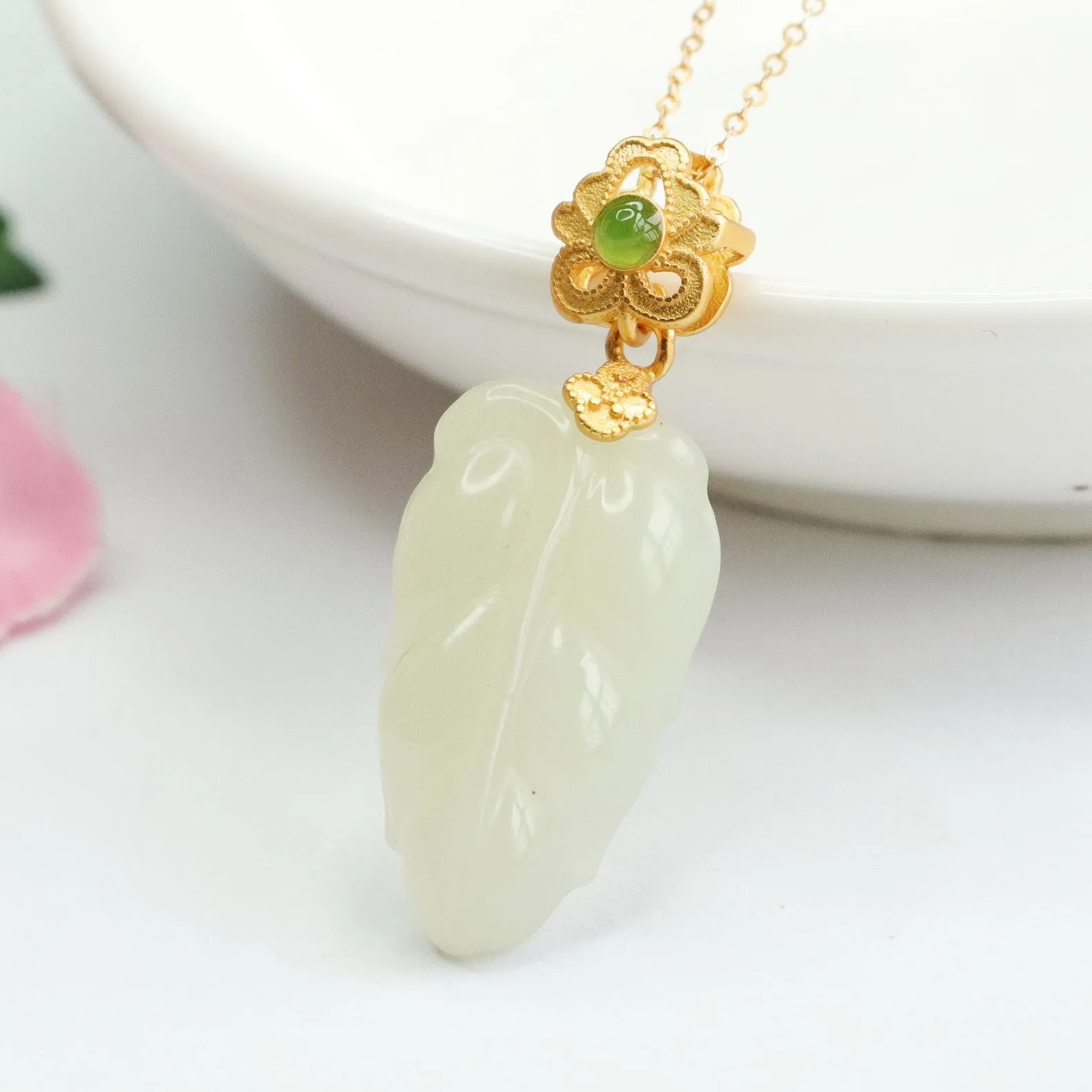 S925 Silver Natural Hetian Jade Pendant White Jade Leaf Necklace