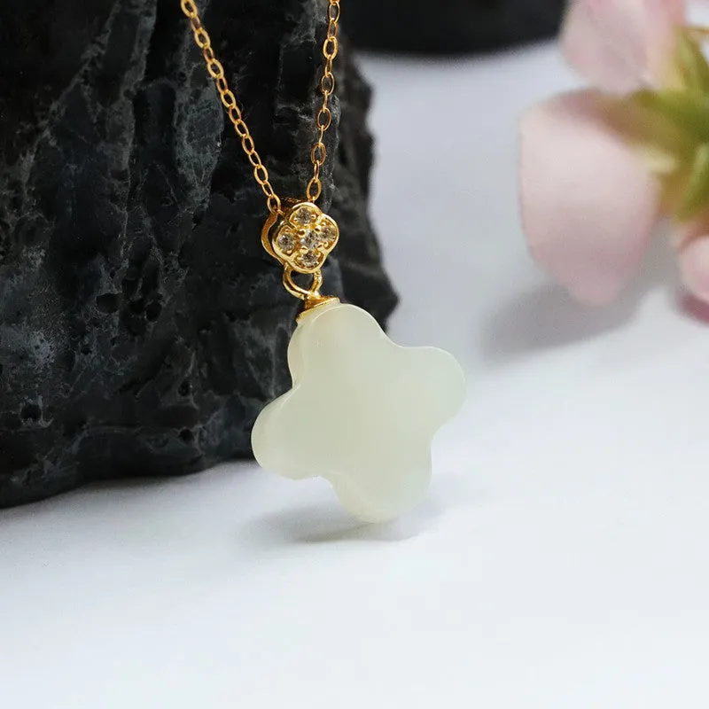 S925 Sterling Silver Four Leaf Grass Necklace with Natural Hotan Jade Pendant