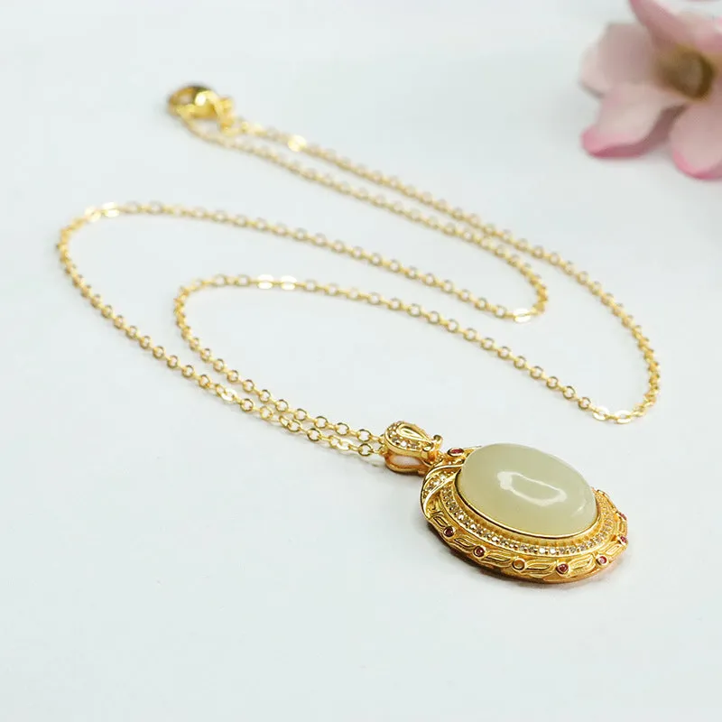 S925 Sterling Silver Oval Jade Necklace with Vintage Hotan Jade Pendant