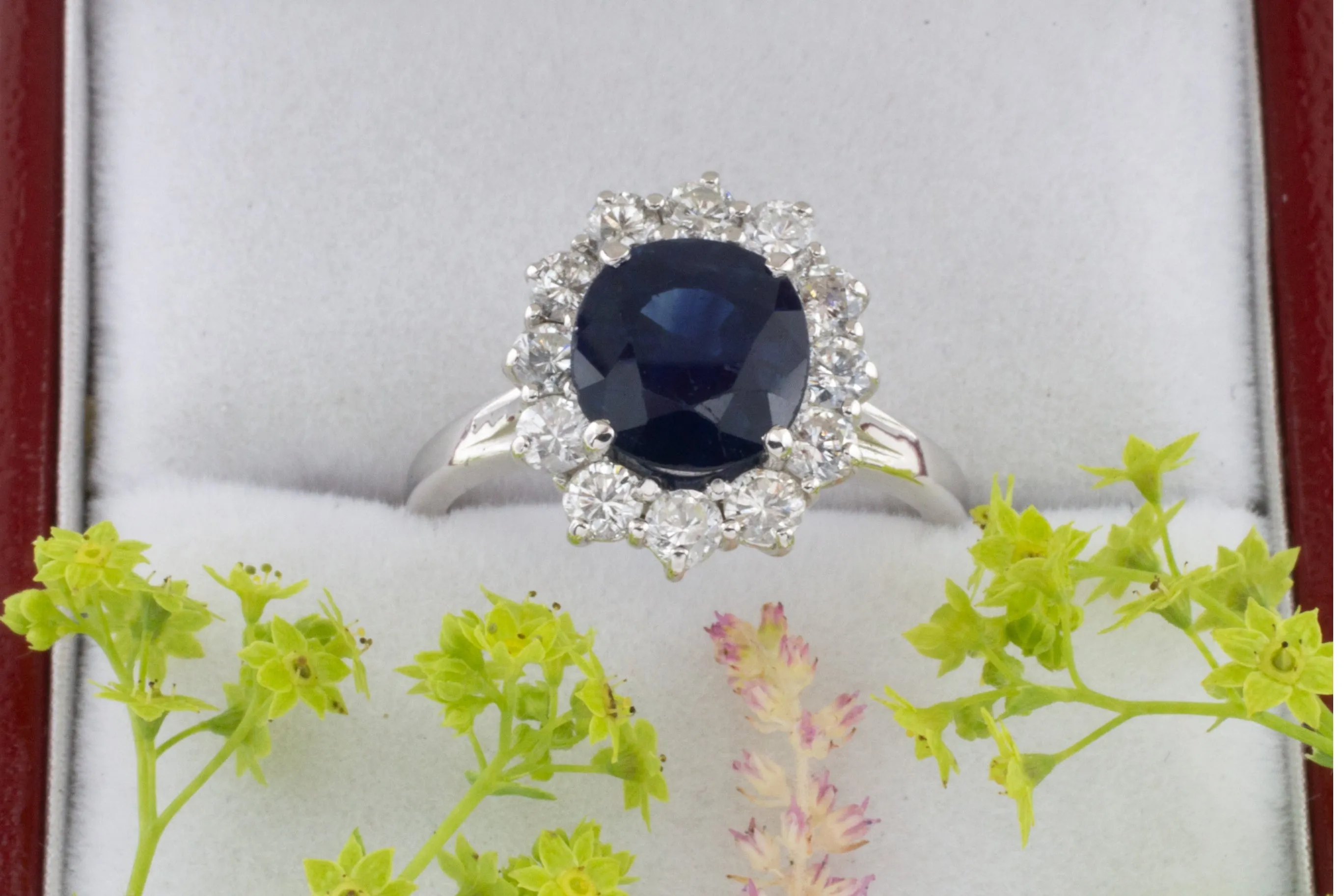 Sapphire and diamond cluster ring in white gold