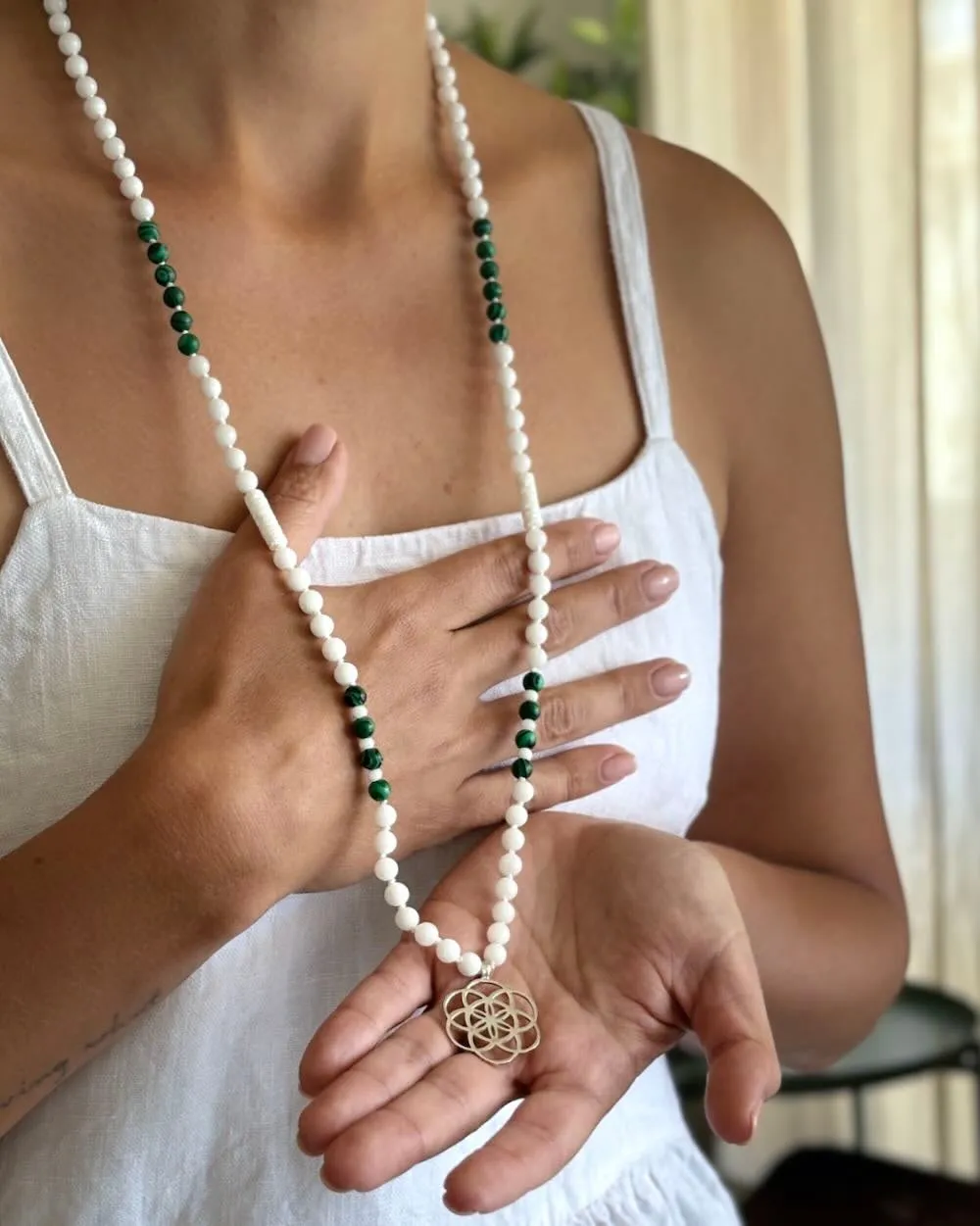 Seeds of life Gemstone Mala with White Jade and Malachite beads