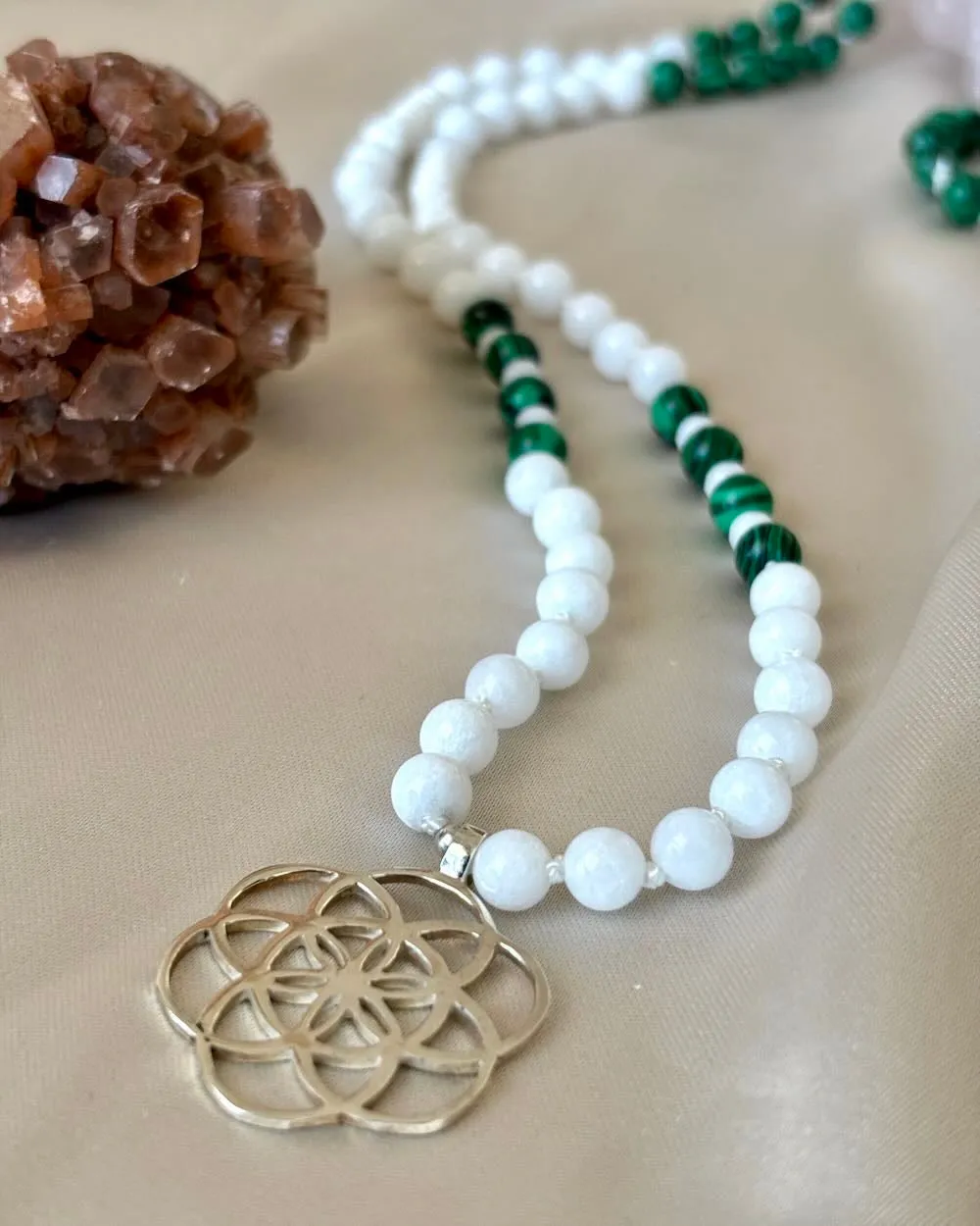 Seeds of life Gemstone Mala with White Jade and Malachite beads