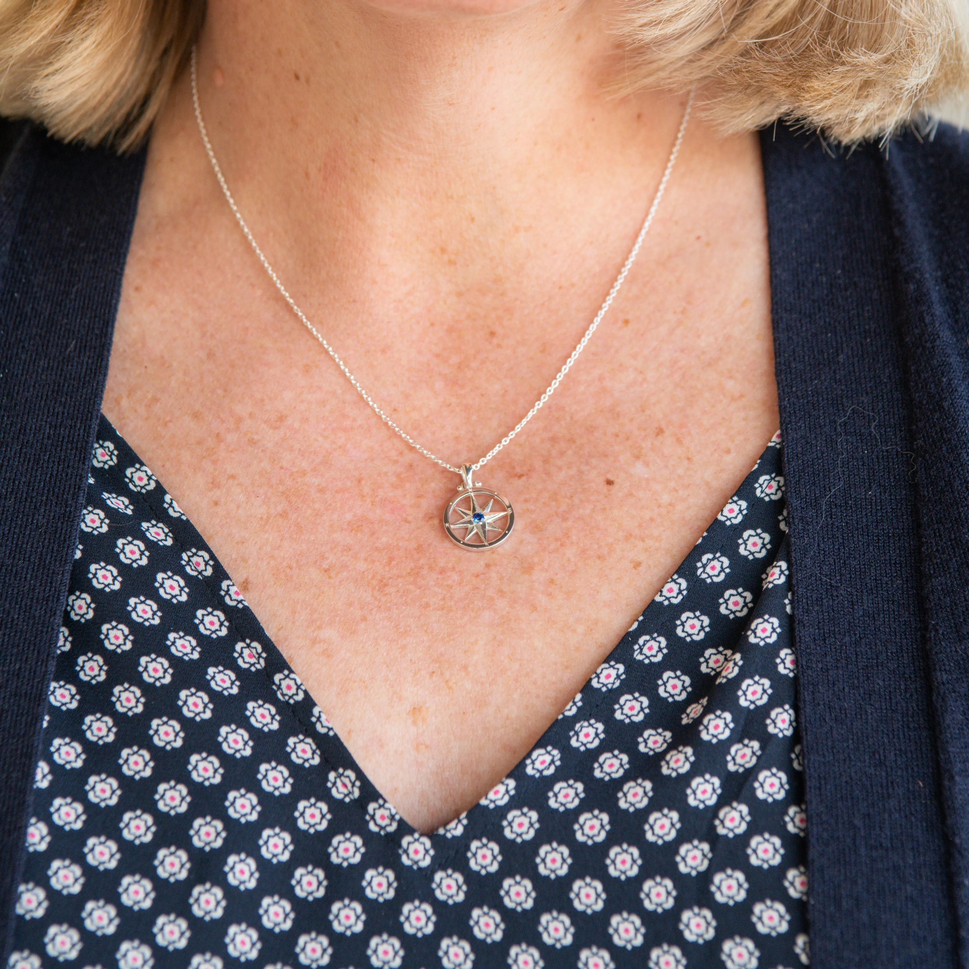 Silver Compass Rose with Sapphire Necklace