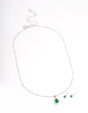 Silver Cubic Zirconia Emerald Earring & Necklace Set