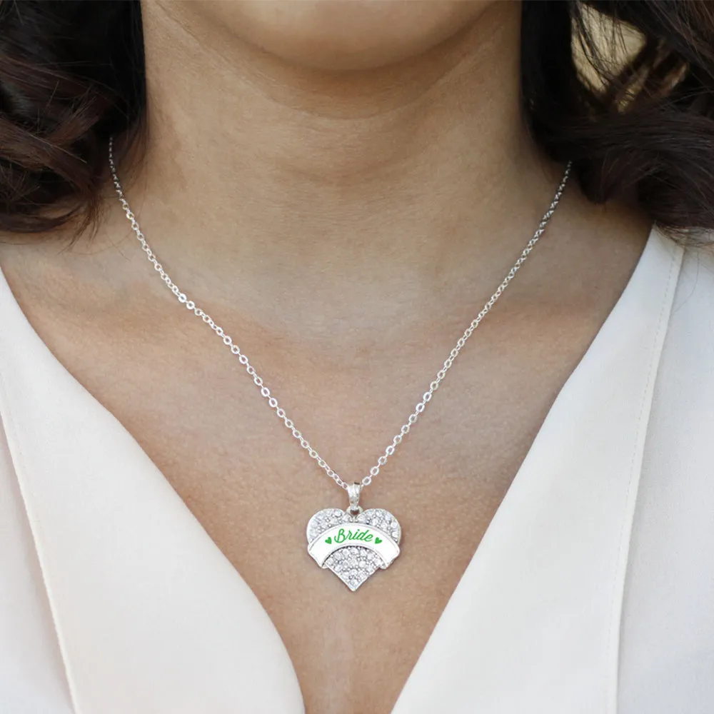 Silver Emerald Green Bride Pave Heart Charm Classic Necklace