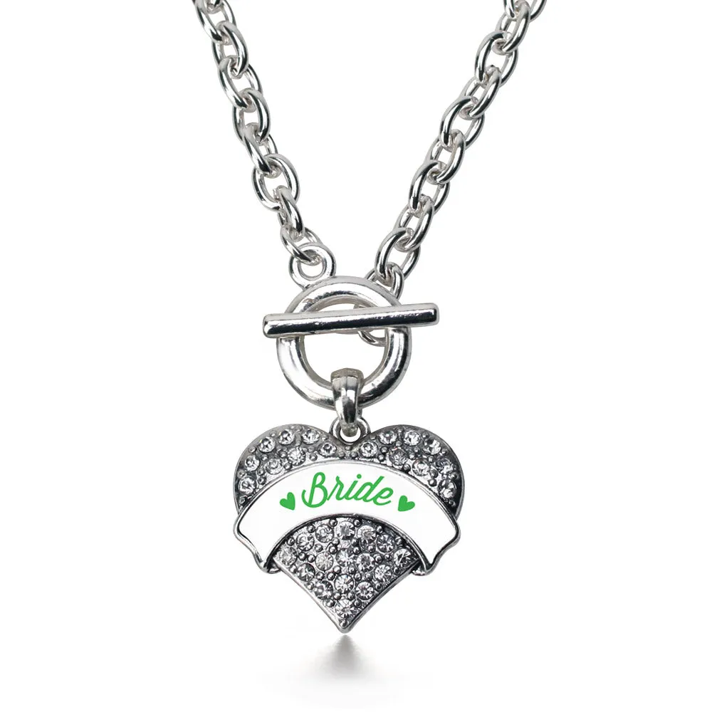 Silver Emerald Green Bride Pave Heart Charm Toggle Necklace