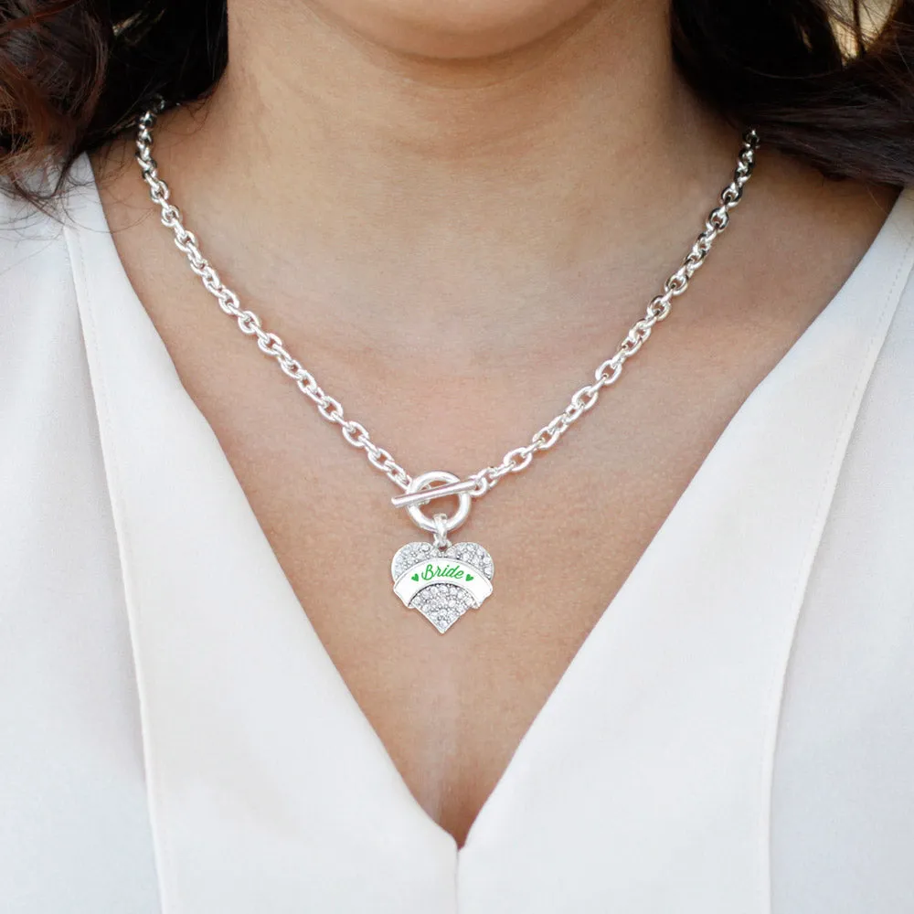 Silver Emerald Green Bride Pave Heart Charm Toggle Necklace