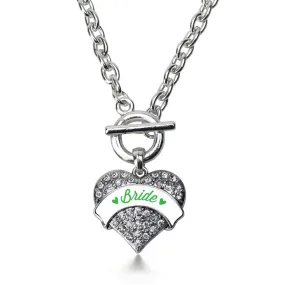 Silver Emerald Green Bride Pave Heart Charm Toggle Necklace