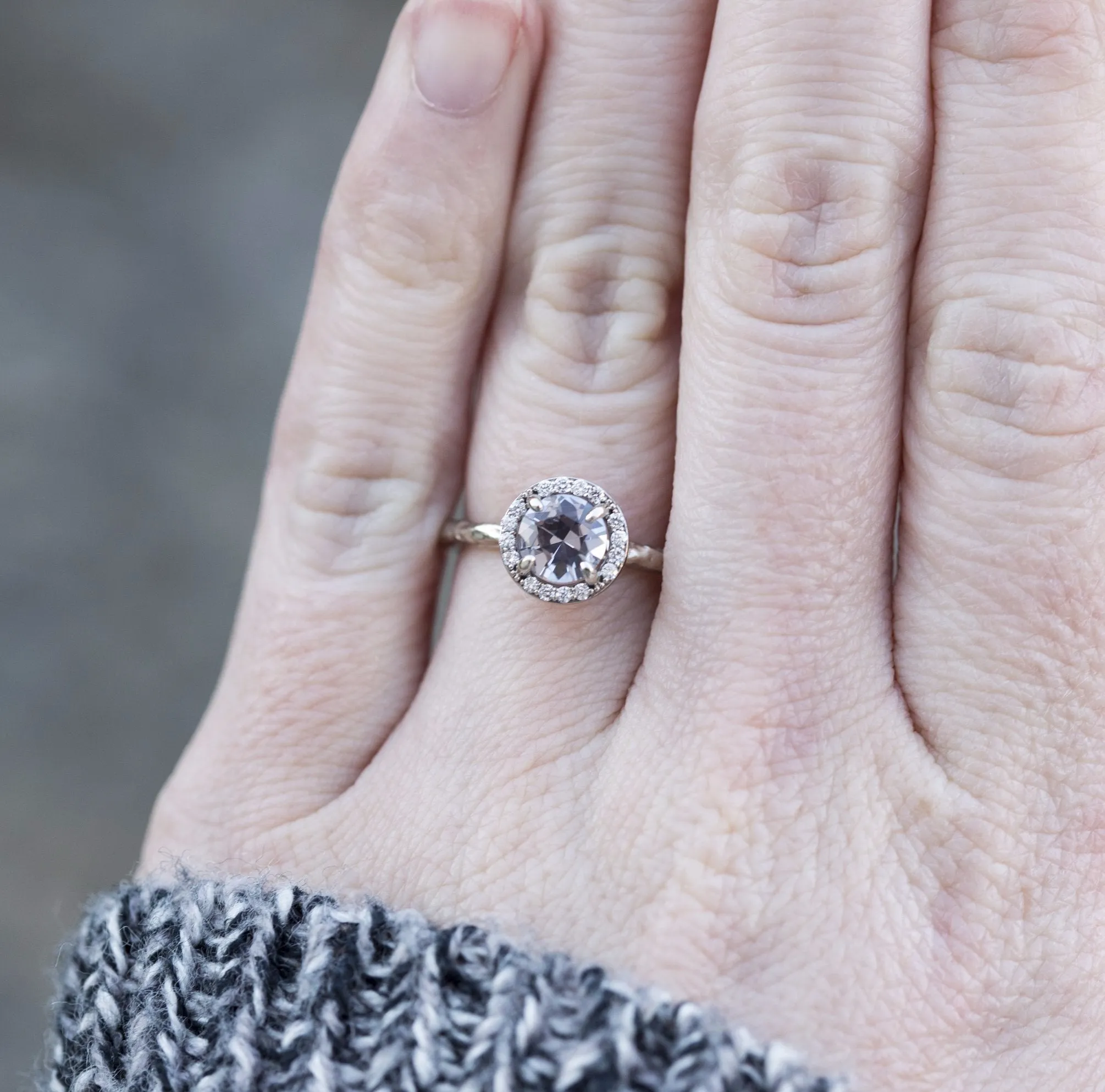 Silver Grey Spinel in White Gold Diamond Halo - Hand Carved Eclectic Band and Antique-inspired setting - Spinel Engagement Ring by Anueva Jewelry