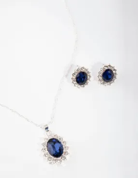 Silver Oval Blue Gem Jewellery Set