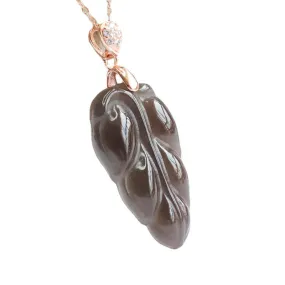 Smoke Purple Leaf Hetian Jade Pendant Necklace with Sterling Silver Charm