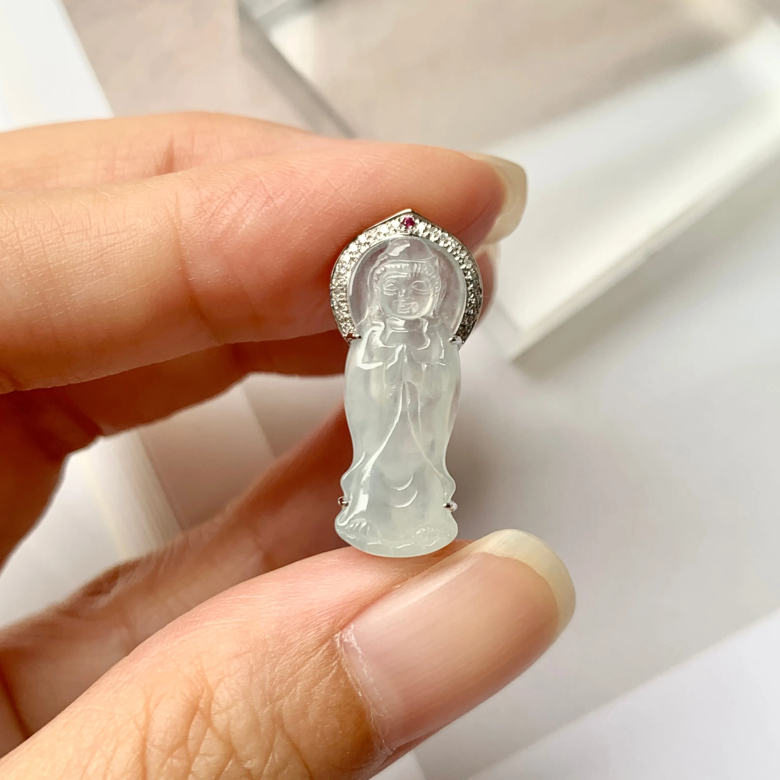 SOLD OUT: Icy A-Grade Natural Jadeite Goddess of Mercy Pendant No.171937