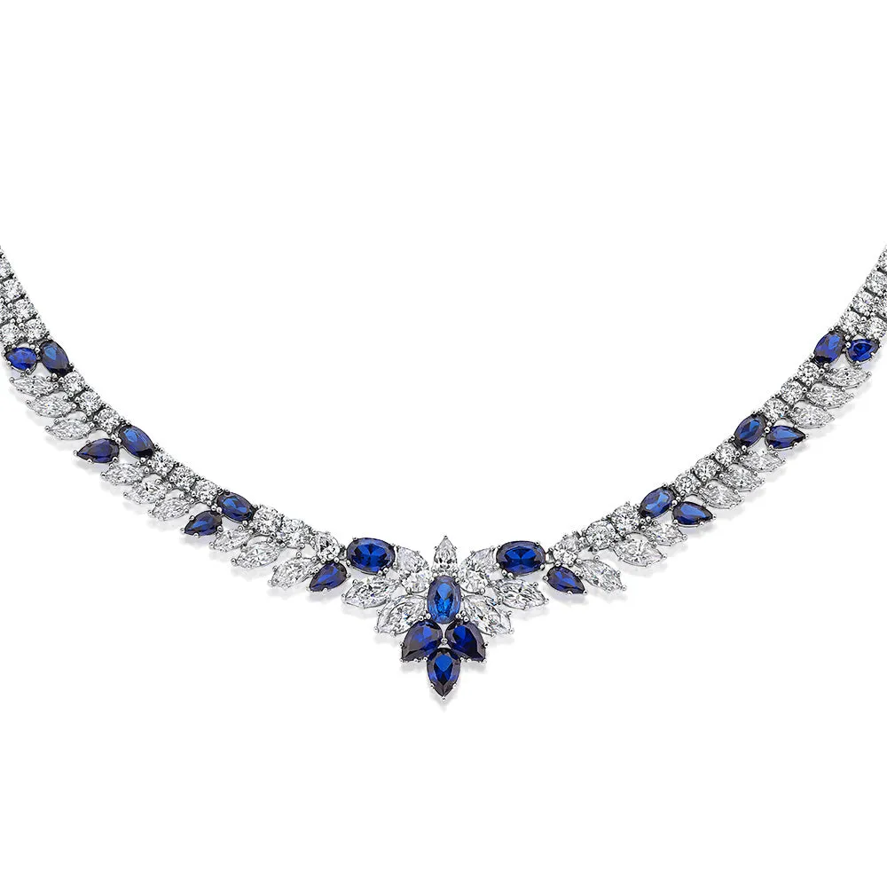 Statement necklace with sapphire simulants and 21.57 carats* of diamond simulants in sterling silver