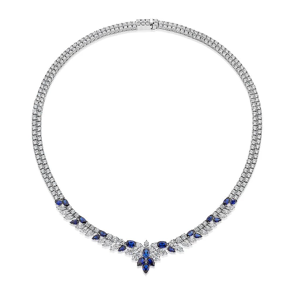 Statement necklace with sapphire simulants and 21.57 carats* of diamond simulants in sterling silver