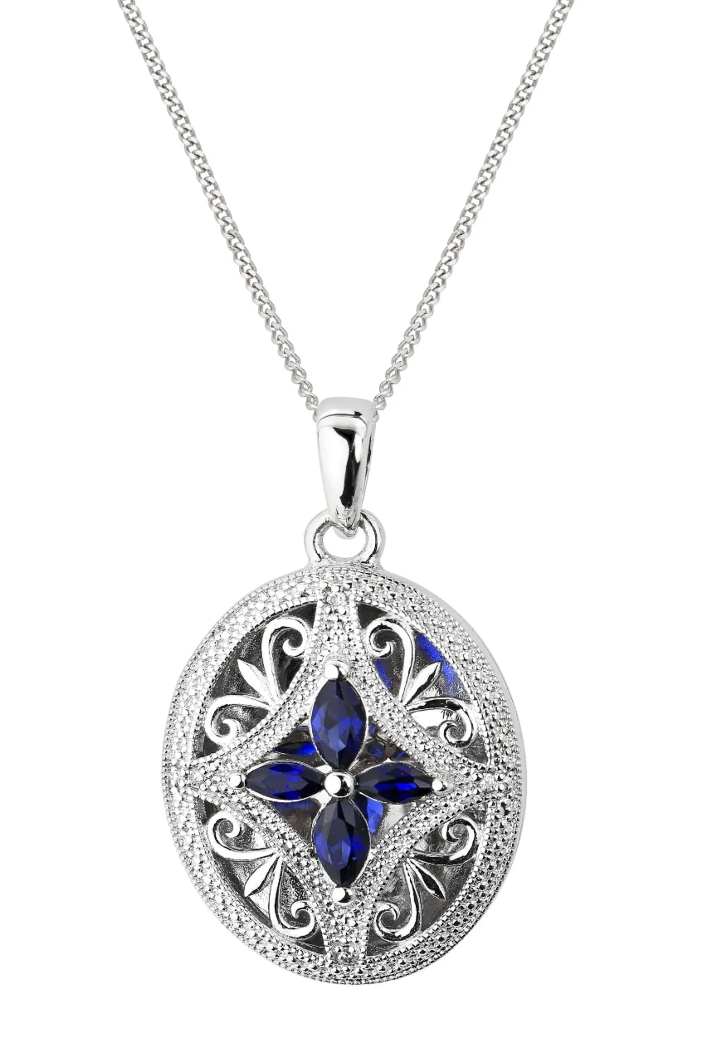 Sterling Silver Created Sapphire and Diamond Oval Locket Necklace