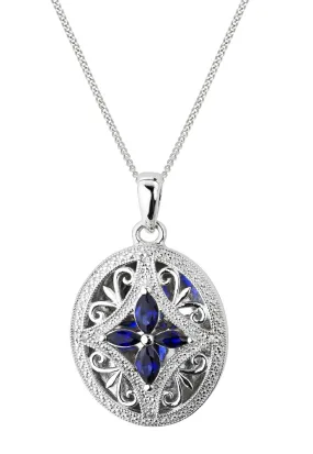 Sterling Silver Created Sapphire and Diamond Oval Locket Necklace