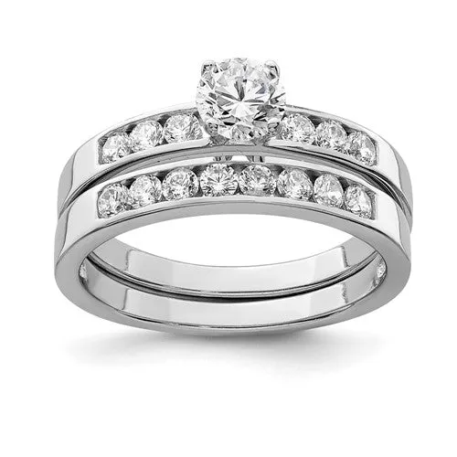 Sterling Silver CZ Round Two Piece Channel Set Wedding Rings Set