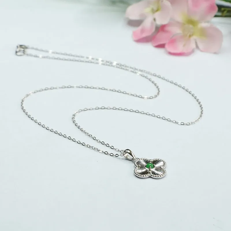 Sterling Silver Four-leaf Clover Ice Jade Pendant Necklace